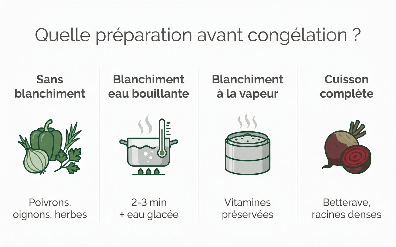 Infographie comparant les méthodes de préparation avant congélation des légumes