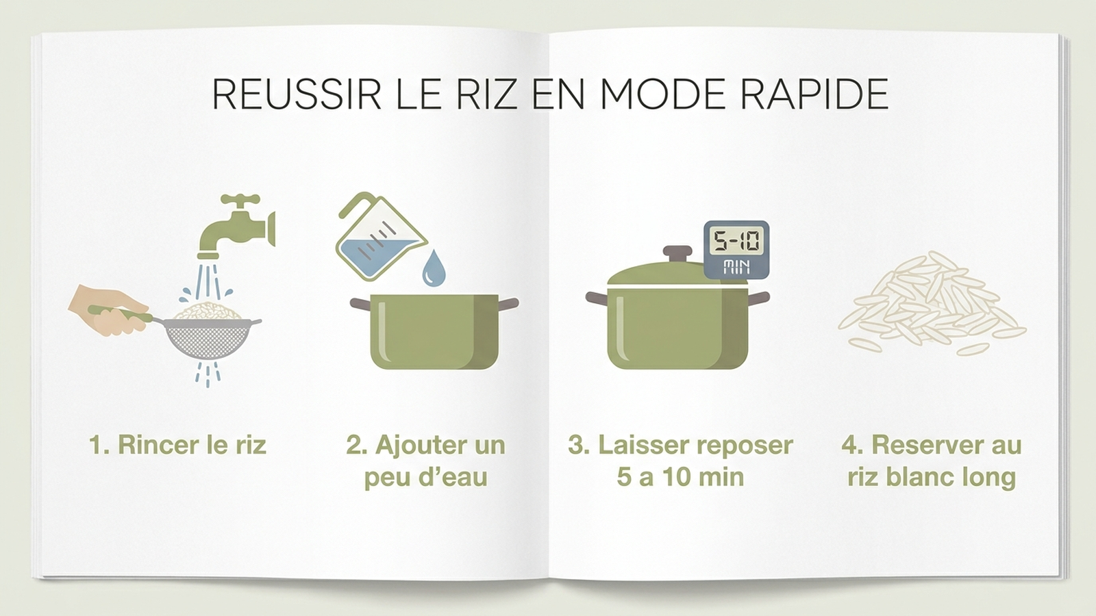 Guide en français en quatre étapes pour réussir le riz en mode rapide : rincer le riz, ajuster légèrement l'eau, laisser reposer après cuisson, réserver le mode rapide au riz blanc