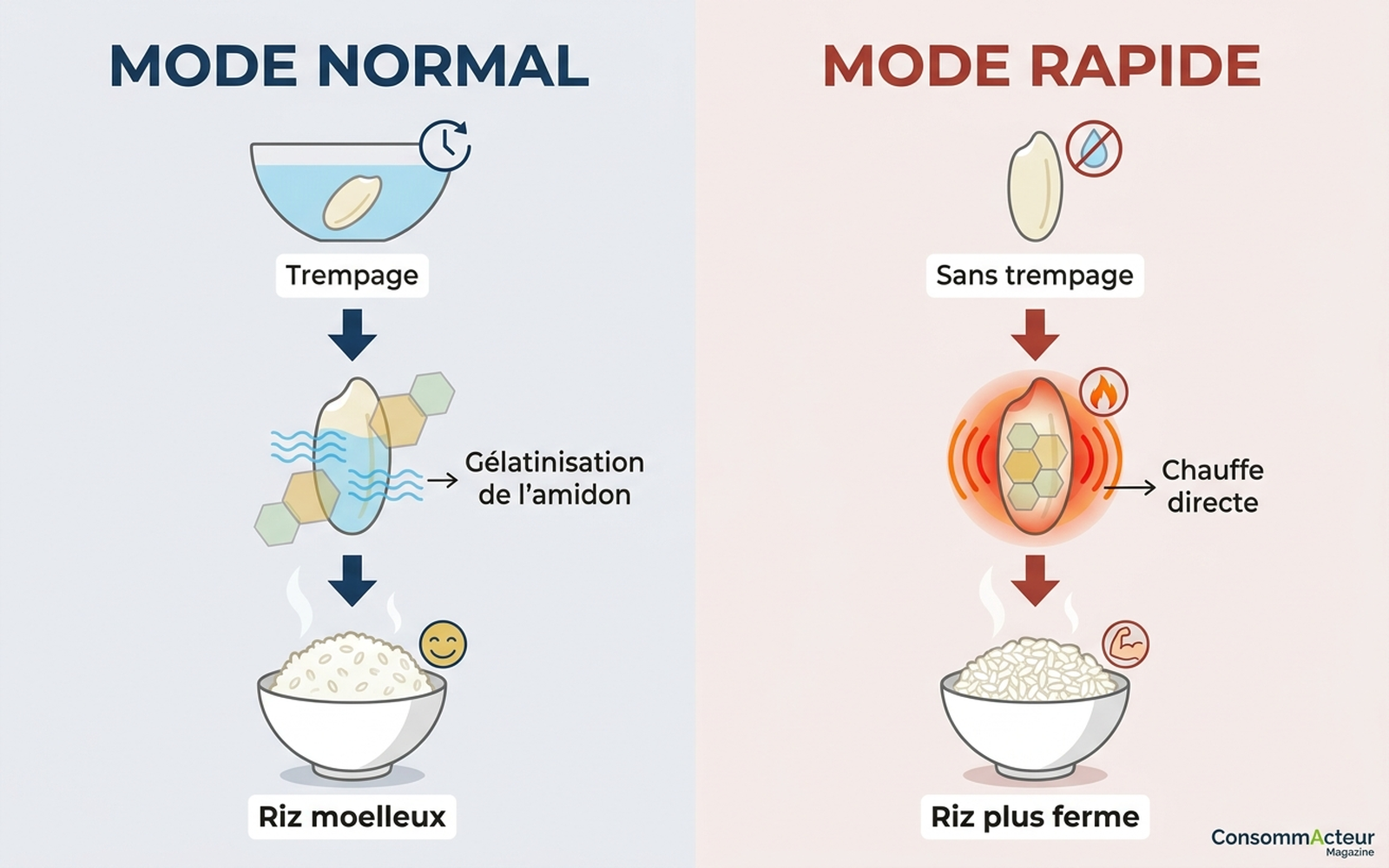 Schéma en français comparant le mode normal (avec trempage, gélatinisation complète de l'amidon, riz moelleux) et le mode rapide (sans trempage, chauffe directe, riz plus ferme)