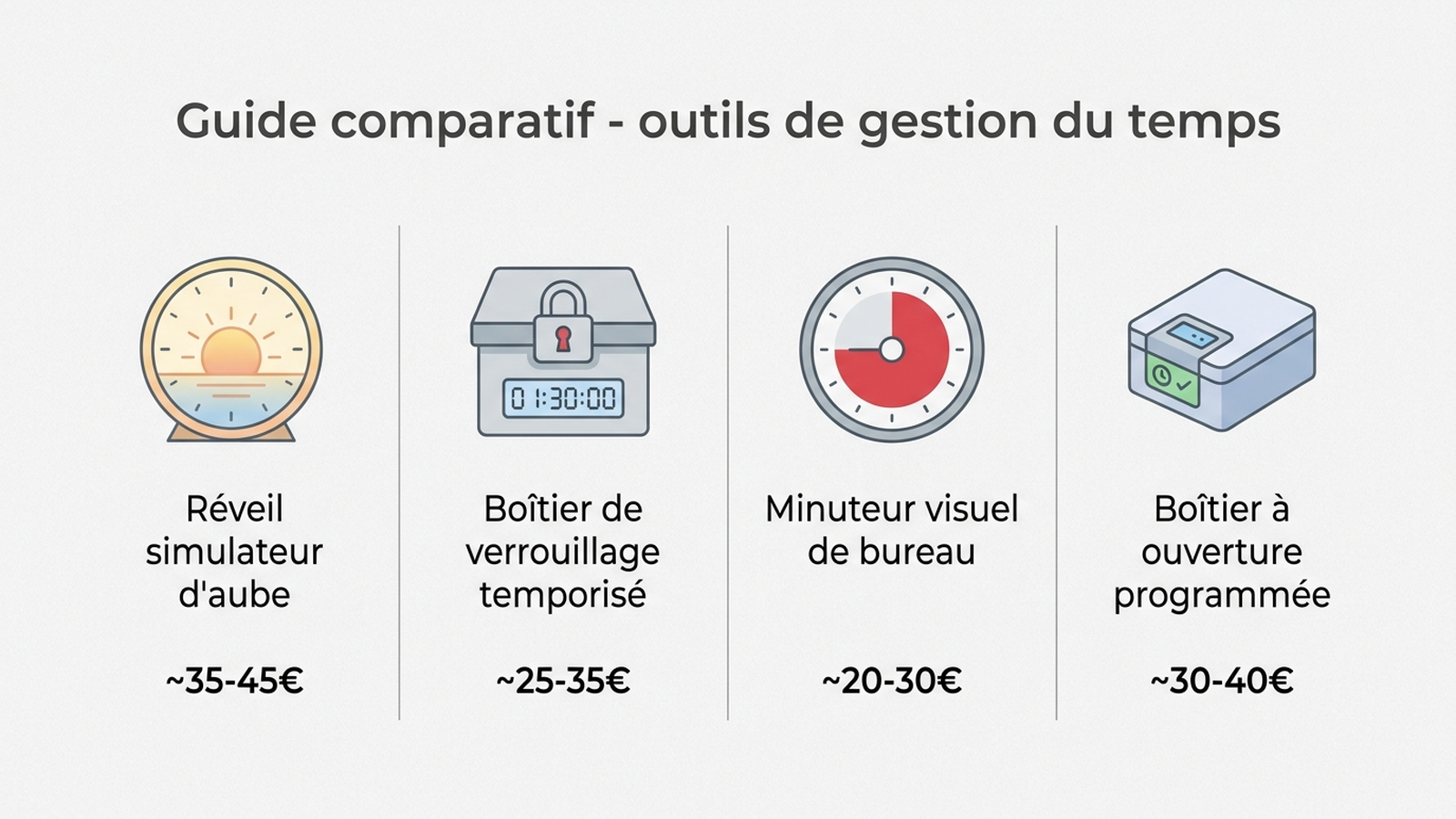 Comparatif des quatre solutions : réveil simulateur d'aube environ 40 euros, boîtier de verrouillage iDiskk environ 30 euros, minuteur visuel de bureau environ 25 euros, boîtier compact Focusera environ 35 euros