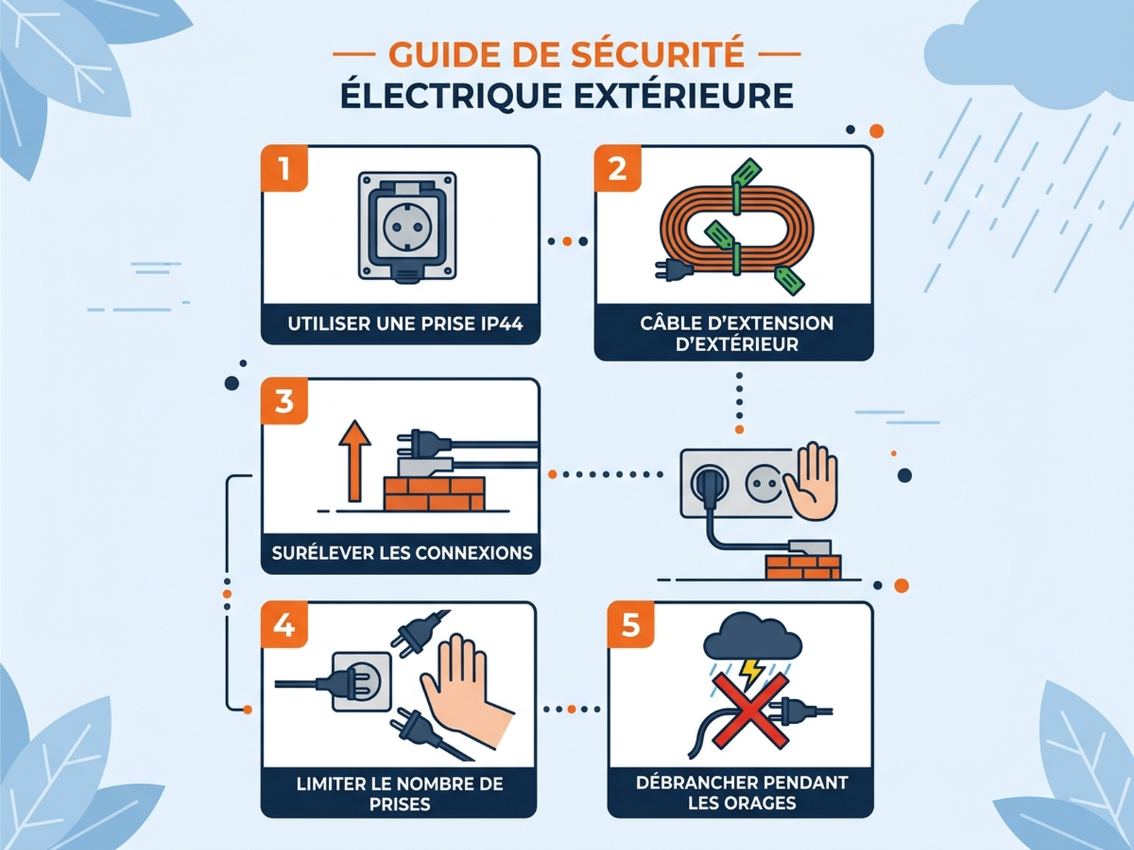 Schéma pas à pas pour installer une décoration lumineuse d'Halloween en extérieur en sécurité : prise IP44, rallonge étanche, hauteur de connexion, nombre de guirlandes en série