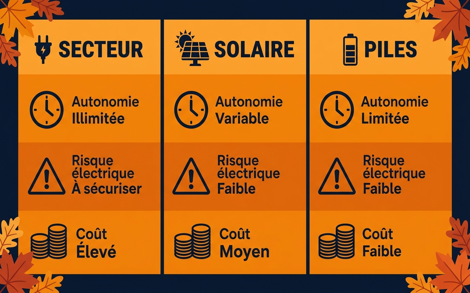 Infographie comparant les trois technologies d'éclairage extérieur Halloween : secteur avec rallonge étanche, solaire et à piles, selon l'autonomie, le risque électrique et le coût