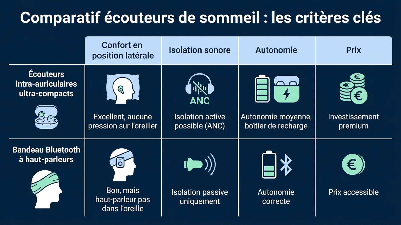 Infographie récapitulative des critères de choix : confort latéral, isolation, autonomie, prix