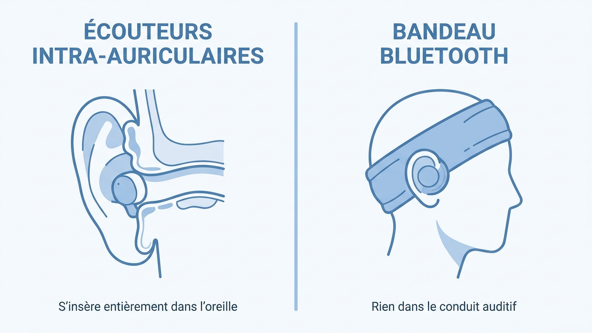 Infographie comparant écouteurs intra-auriculaires et bandeau Bluetooth pour dormir