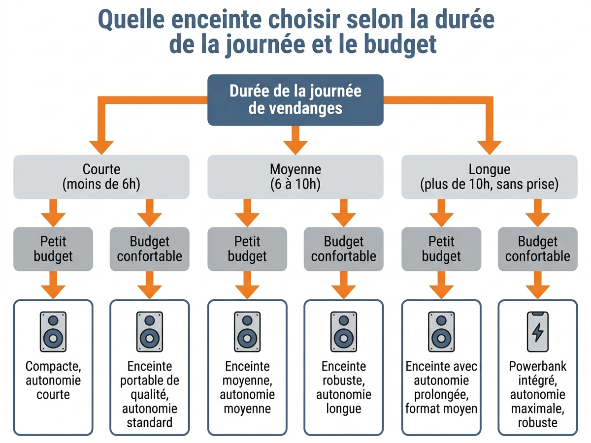 Arbre de décision : quelle enceinte choisir selon la durée de la journée et le budget