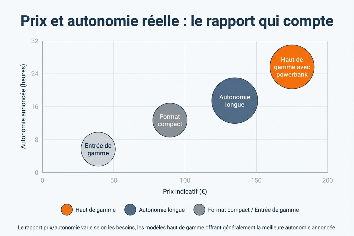 Rapport entre prix et autonomie réelle des enceintes du comparatif