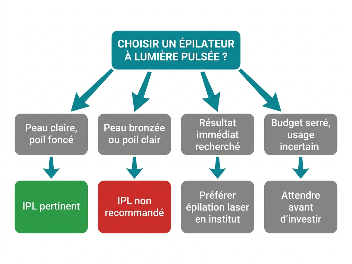 Arbre de décision en français pour choisir un épilateur à lumière pulsée : peau claire et poil foncé → IPL pertinent ; peau bronzée ou poil clair → IPL non recommandé ; recherche résultat immédiat → épilation laser en institut plutôt qu'IPL à domicile ; budget serré et usage incertain → attendre avant d'investir
