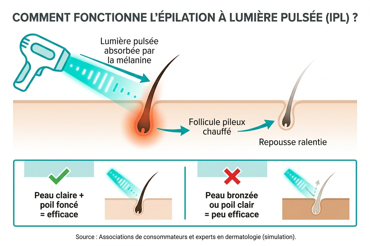 Infographie en français expliquant le principe de la lumière pulsée IPL : la lumière est absorbée par la mélanine du poil, chauffe le follicule pileux, et ralentit la repousse ; fonctionne mieux sur peau claire et poil foncé, moins bien sur peau bronzée ou poil clair
