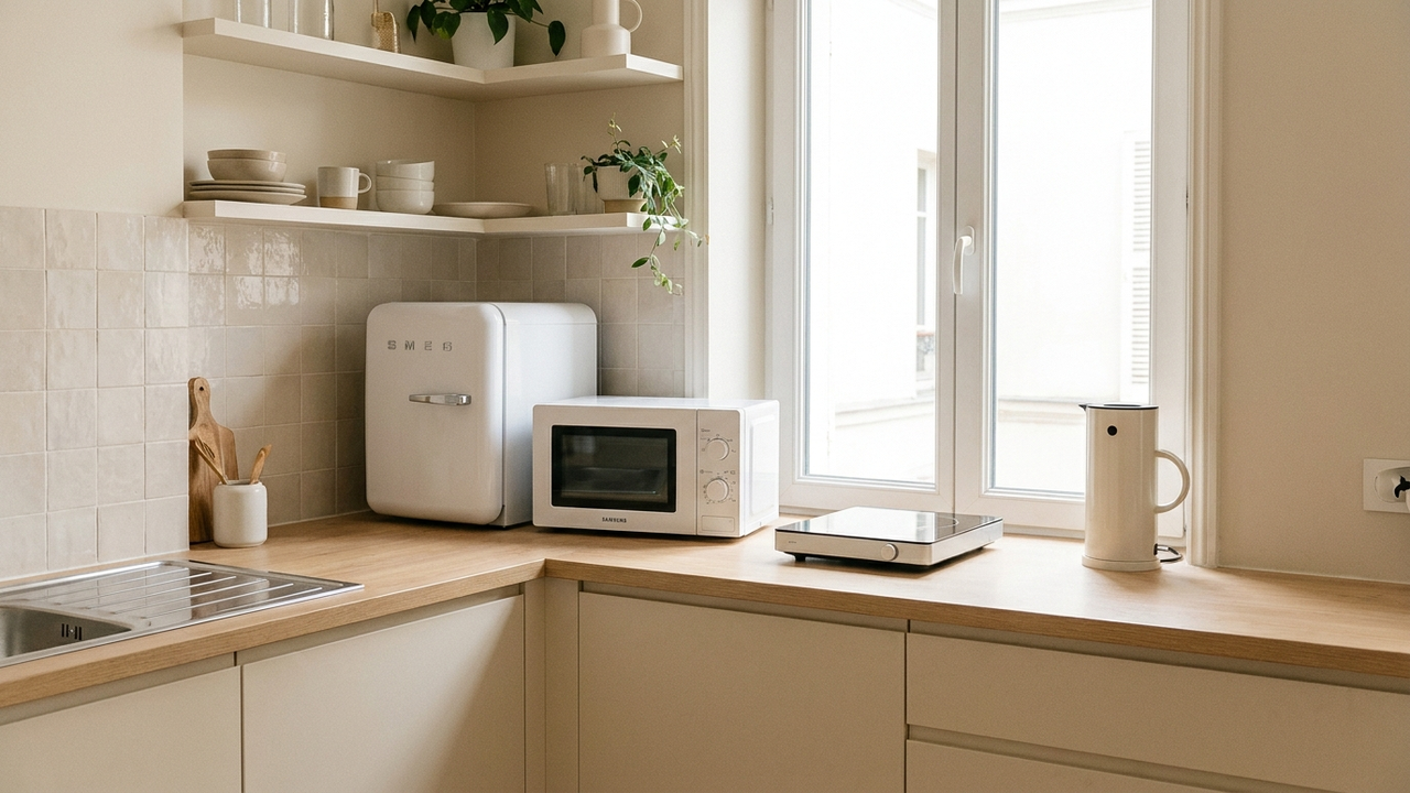 Coin cuisine d'un petit studio étudiant équipé d'un mini-frigo, d'un micro-ondes et d'une plaque à induction