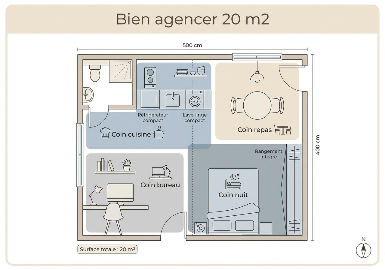 Plan d'agencement d'un studio de 20 m² avec coin cuisine, coin nuit, coin bureau et coin repas