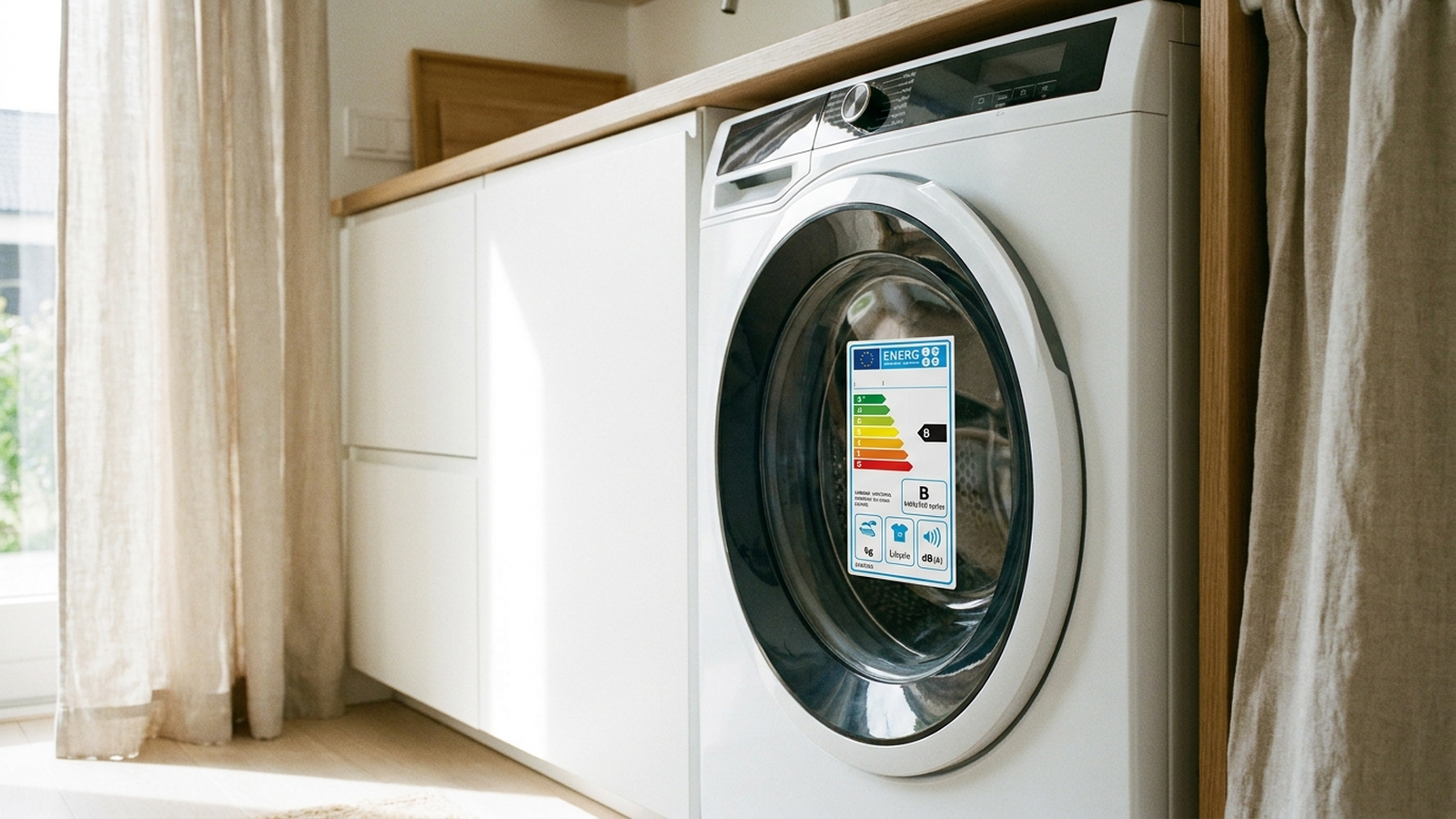 Étiquette énergie collée sur la porte d'un lave-linge dans une buanderie lumineuse