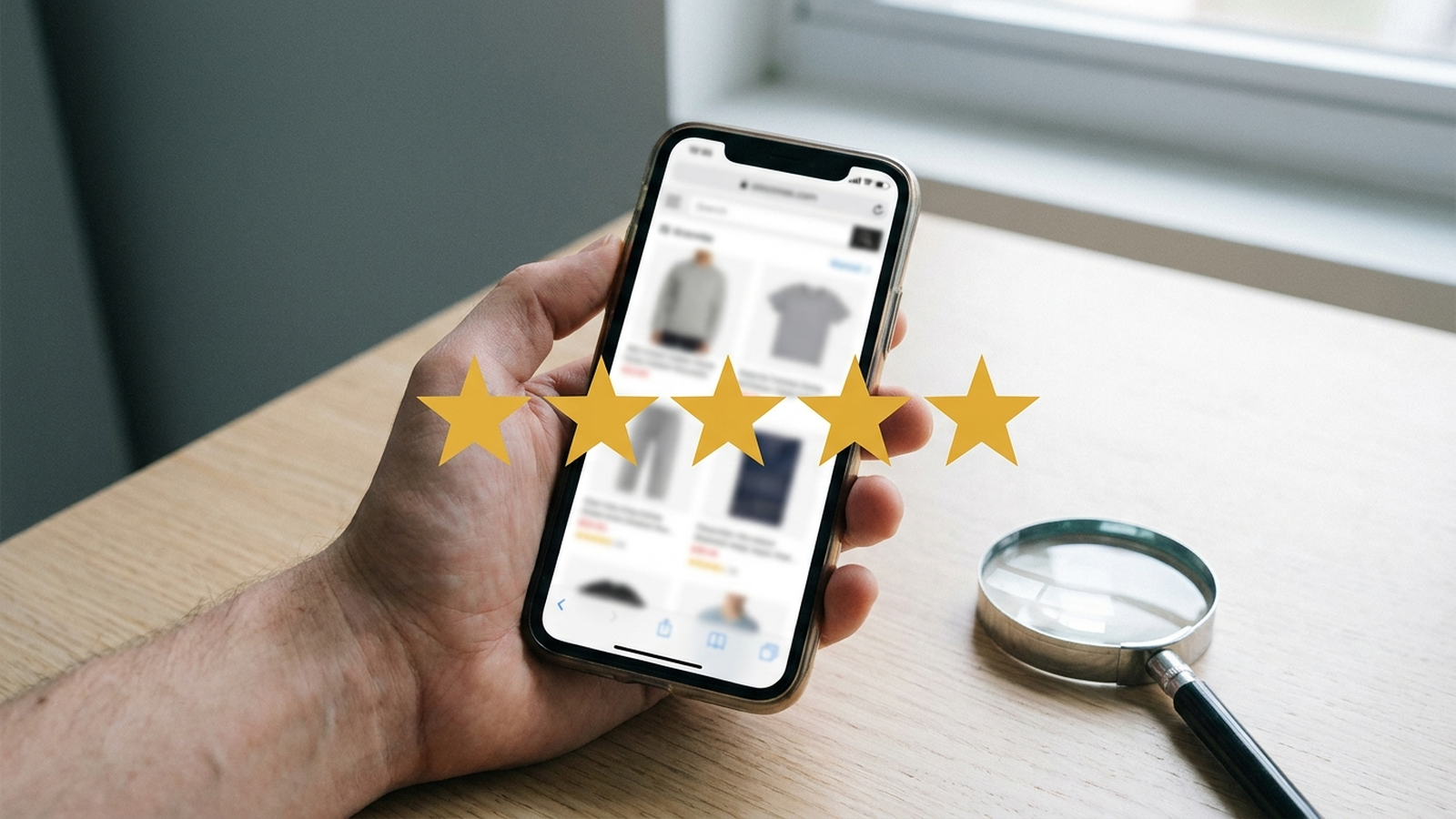 Main tenant un smartphone affichant une page e-commerce floue, cinq étoiles dorées superposées et une loupe posée sur un bureau en bois clair