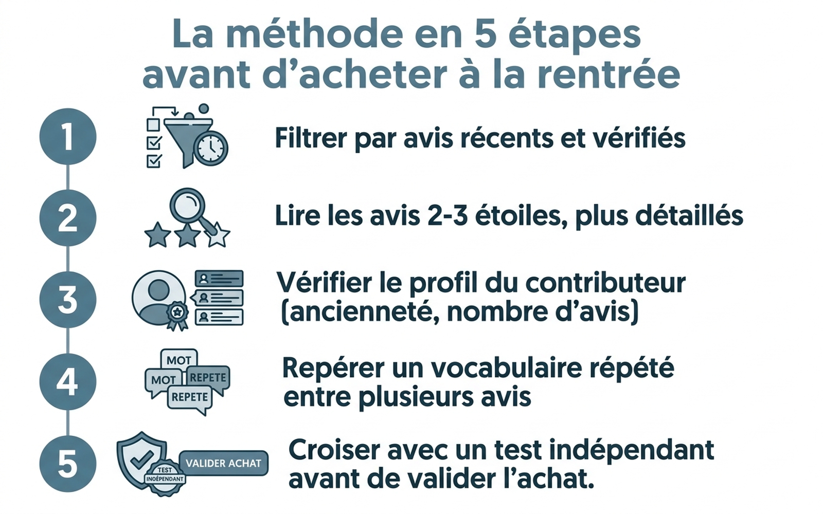 Infographie en français présentant une méthode en 5 étapes avant un achat en ligne à la rentrée : filtrer par avis récents et vérifiés, lire les avis 2-3 étoiles, vérifier le profil du contributeur, repérer un vocabulaire répété entre plusieurs avis, croiser avec un test indépendant avant de valider l'achat