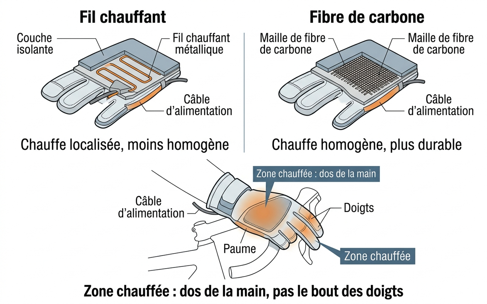 Comparatif technique : fil chauffant vs fibre de carbone, et zone de chauffe réelle sur un gant de vélo