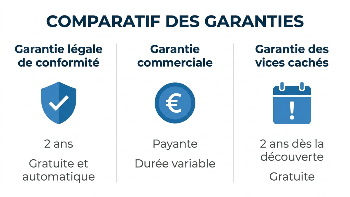 Infographie en français comparant trois types de garantie : garantie légale de conformité, garantie commerciale, garantie des vices cachés, avec pour chacune la durée, le coût et qui doit prouver le défaut