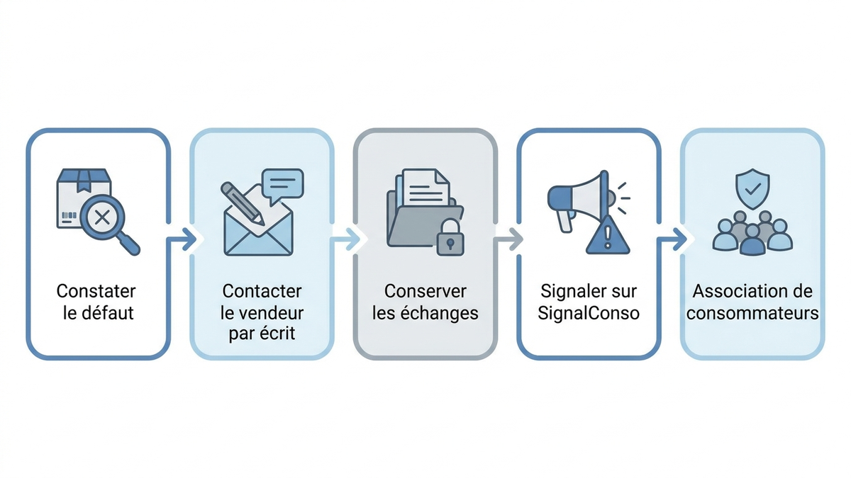 Schéma en français des étapes pour faire valoir sa garantie légale : constater le défaut, contacter le vendeur par écrit en citant l'article L217-3, conserver les échanges, signaler sur SignalConso en cas de refus, puis association de consommateurs ou médiateur