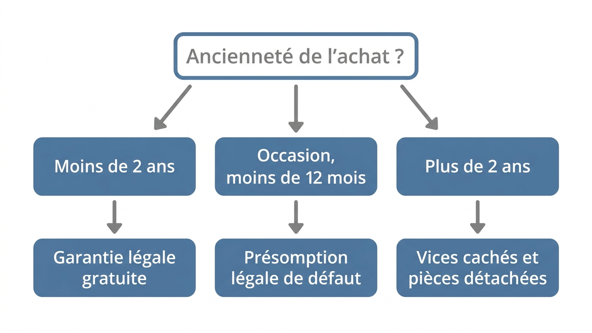 Arbre de décision en français : ancienneté de l'achat ? Moins de 2 ans mène à la garantie légale de conformité gratuite, achat d'occasion de moins de 12 mois mène à la présomption légale de défaut, plus de 2 ans mène aux vices cachés et à l'obligation de pièces détachées disponibles au moins 5 ans