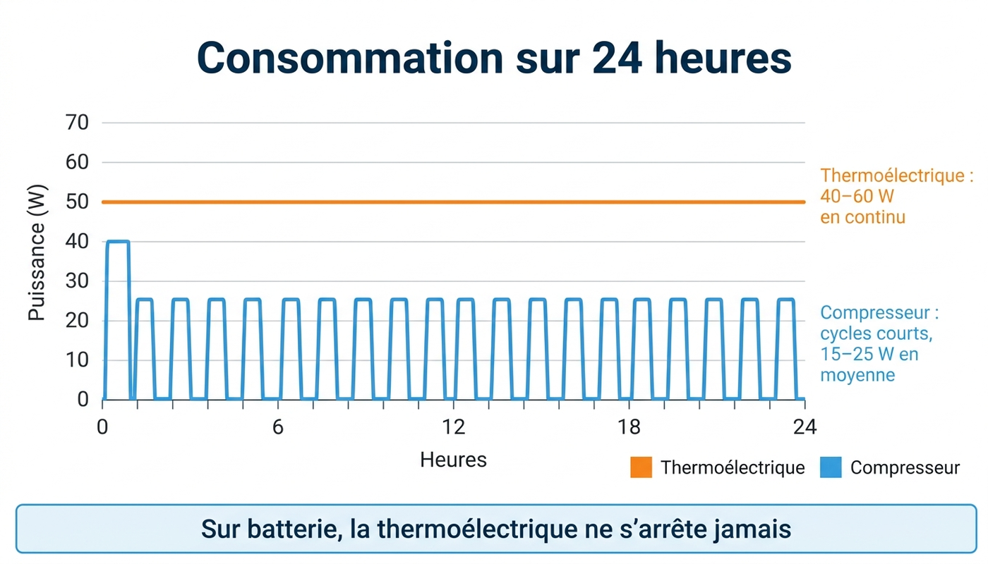 Graphique comparant la consommation sur 24 heures d'une glacière thermoélectrique et d'une glacière à compresseur