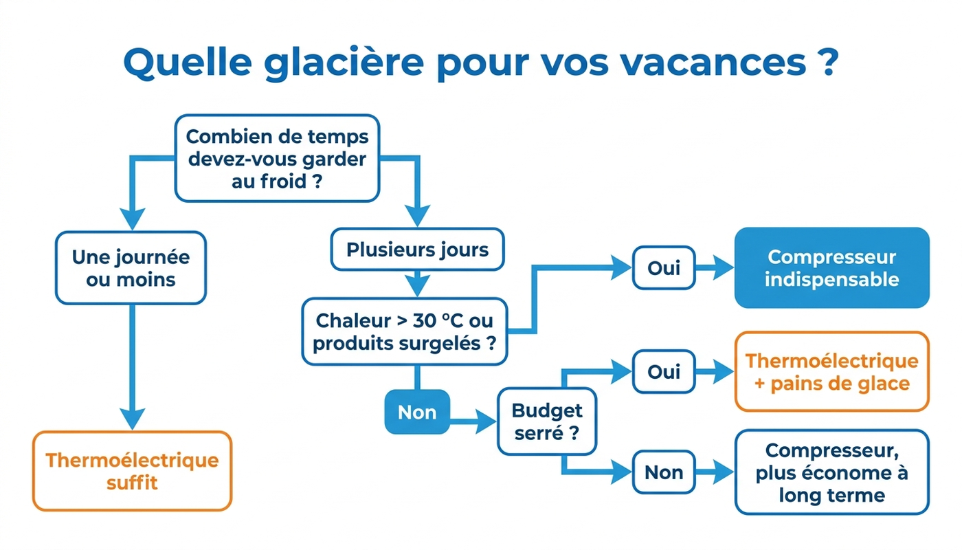 Arbre de décision : choisir entre glacière thermoélectrique et glacière à compresseur selon la durée, la chaleur et le budget