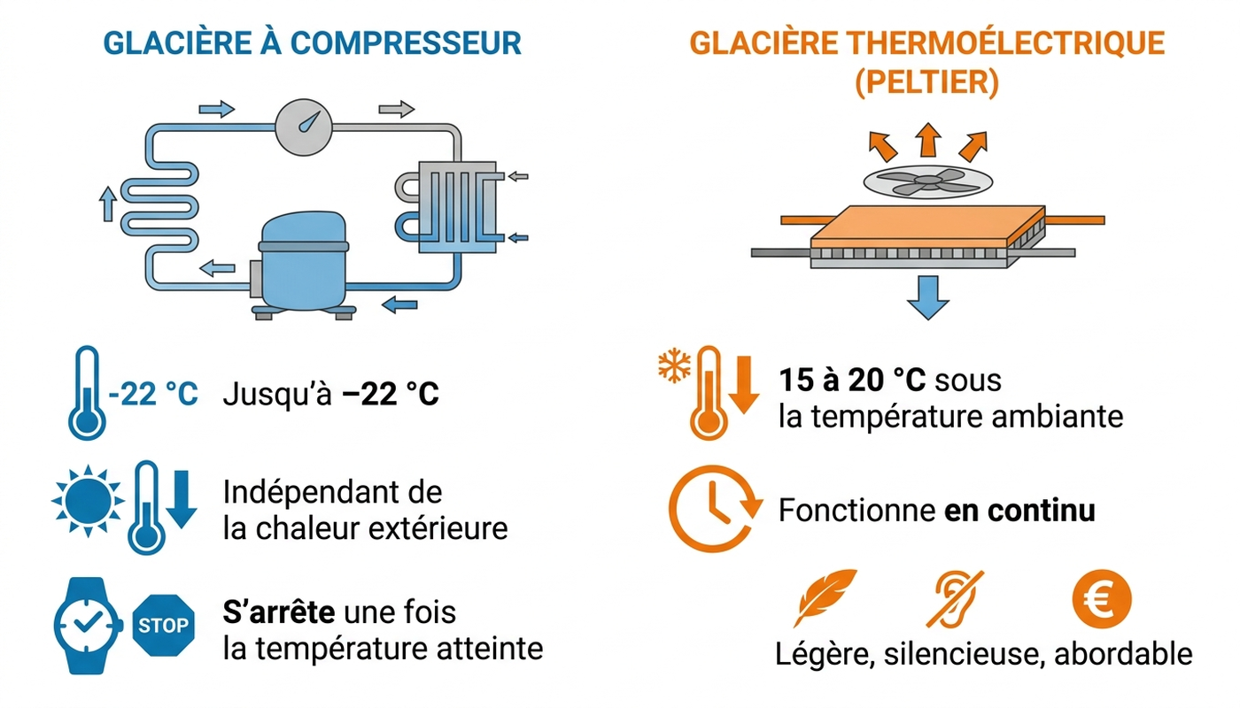 Infographie comparant la glacière à compresseur et la glacière thermoélectrique Peltier