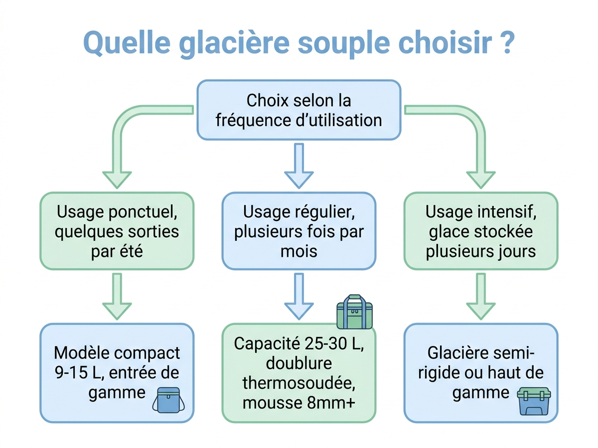 Arbre de décision pour choisir sa glacière souple selon la fréquence d'usage et la capacité nécessaire