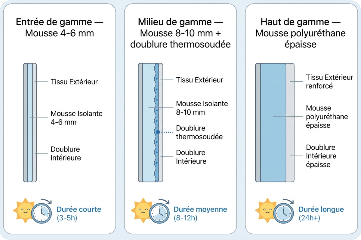 Infographie comparant trois niveaux d'isolation de glacières souples selon l'épaisseur de mousse