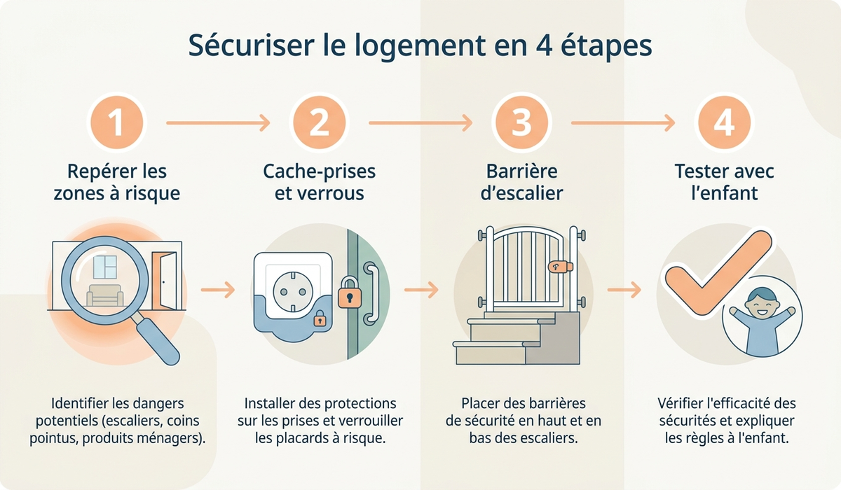Schéma en quatre étapes pour sécuriser un logement de grands-parents avant une garde d'enfant : repérer les zones à risque pièce par pièce, poser les cache-prises et verrous, installer la barrière d'escalier, tester chaque installation avec l'enfant présent
