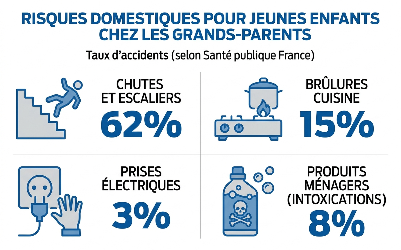 Infographie comparant quatre catégories de risques domestiques pour jeunes enfants chez les grands-parents : chutes et escaliers, brûlures cuisine, prises électriques, produits ménagers, avec le taux d'accidents associé selon Santé publique France