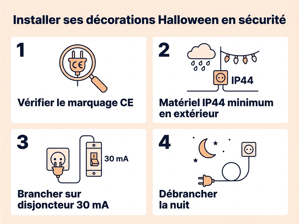 Infographie en 4 étapes pour installer ses décorations Halloween en sécurité