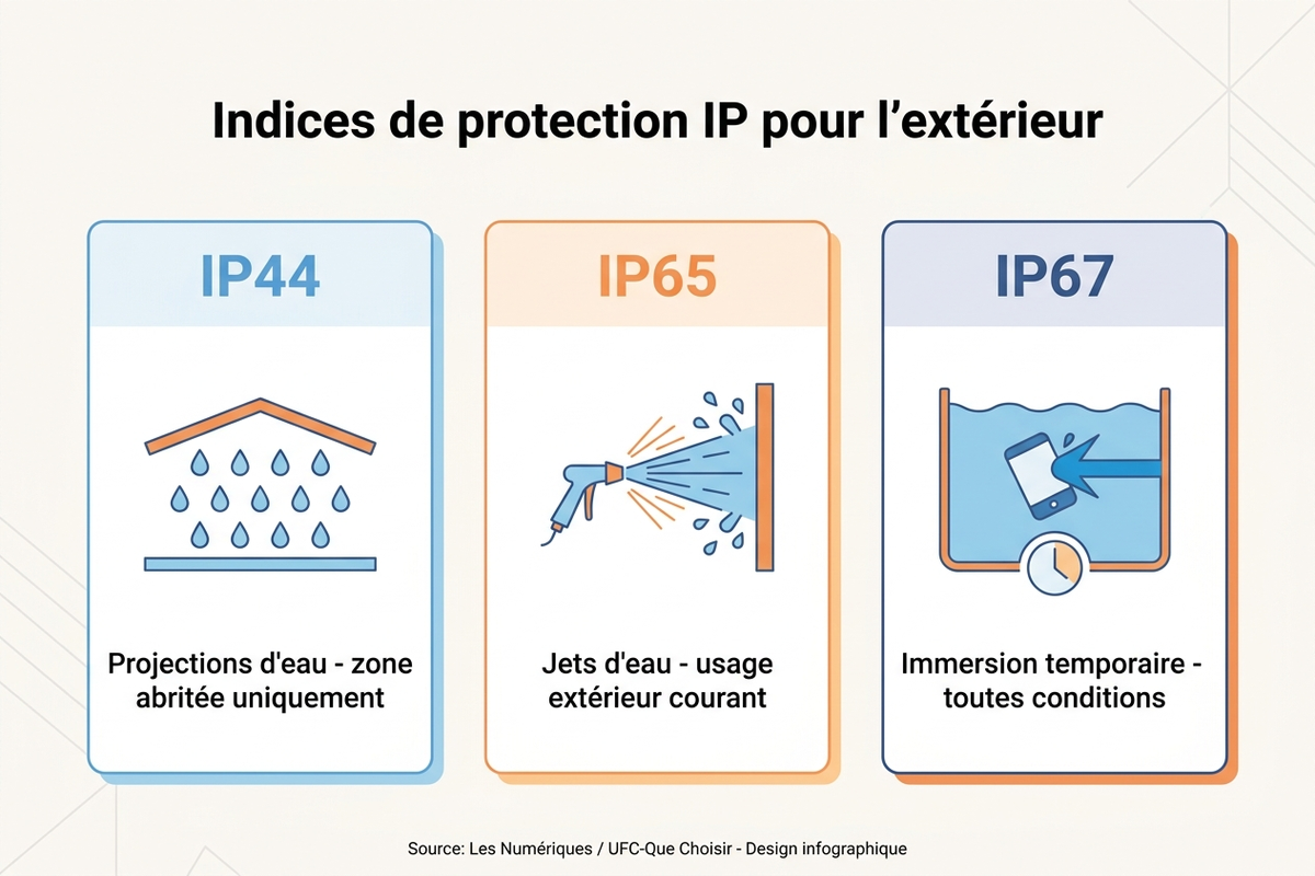 Infographie comparant les indices de protection IP44, IP65 et IP67 pour l'extérieur