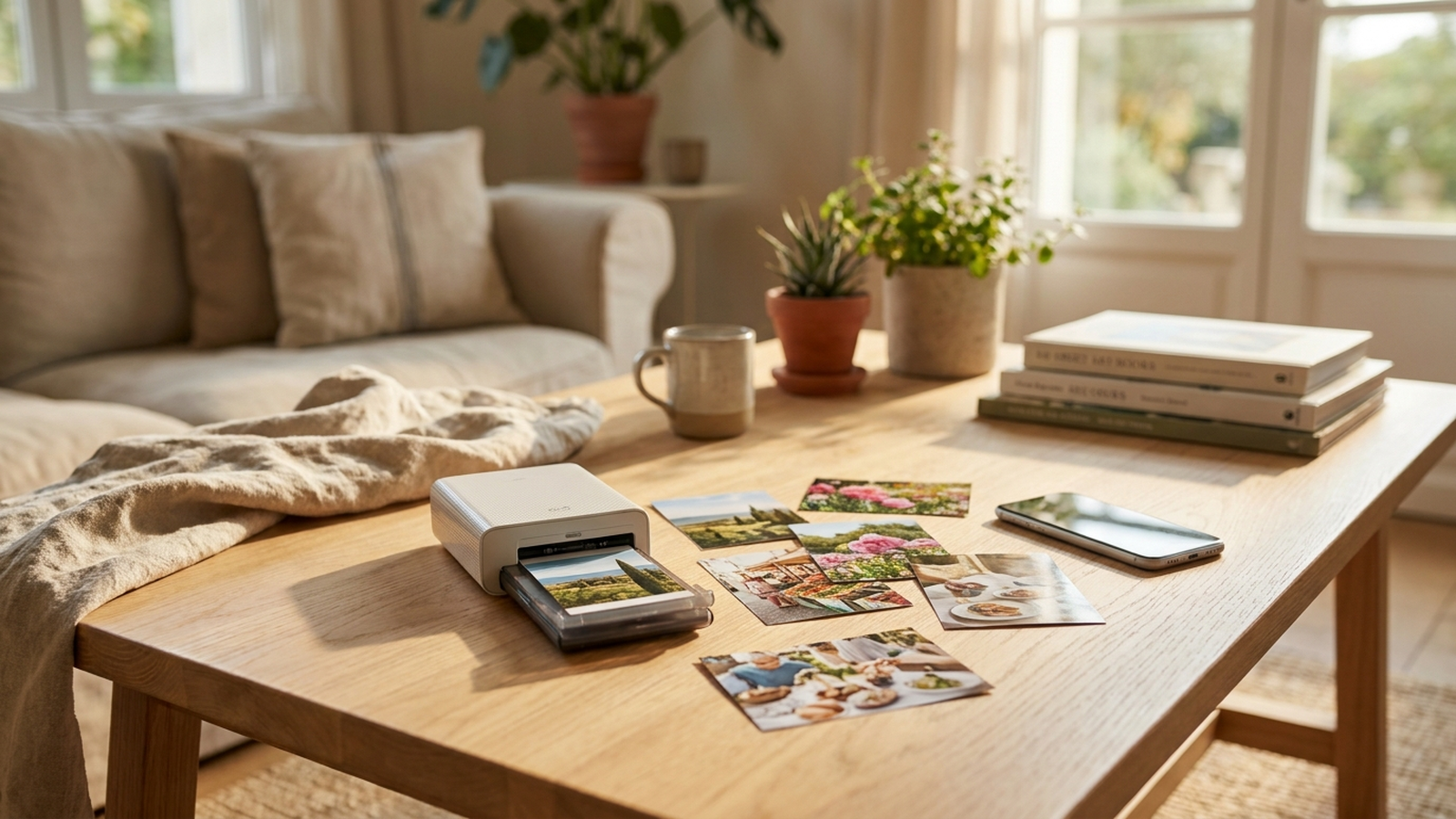 Imprimante photo portable posée sur une table basse avec des tirages photo à côté d'un smartphone