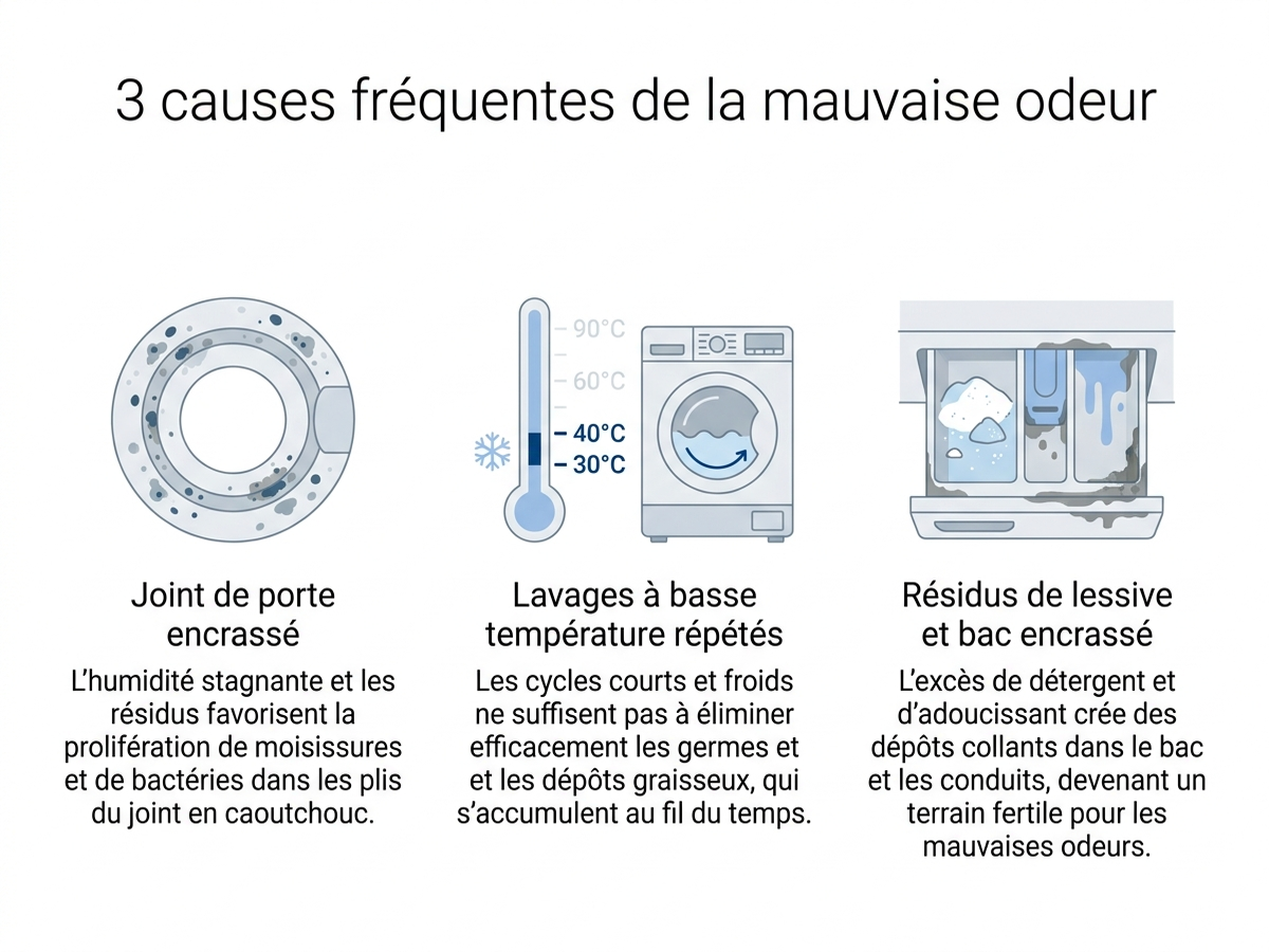 Infographie : 3 causes fréquentes de la mauvaise odeur du lave-linge