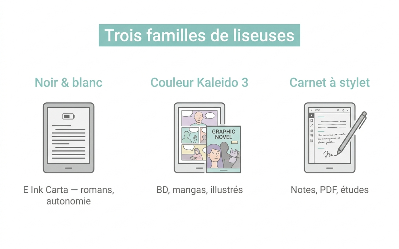 Comparaison des trois familles de liseuses : noir et blanc, couleur Kaleido 3, carnet à stylet