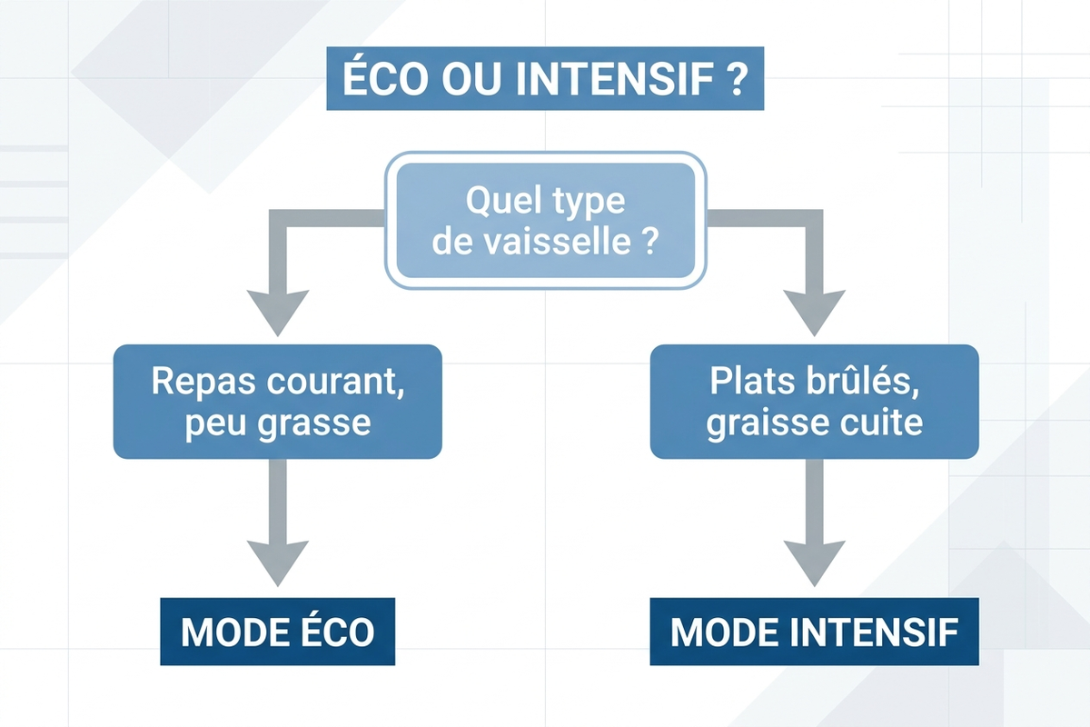 Arbre de décision pour choisir entre le mode éco et le mode intensif du lave-vaisselle selon le type de vaisselle