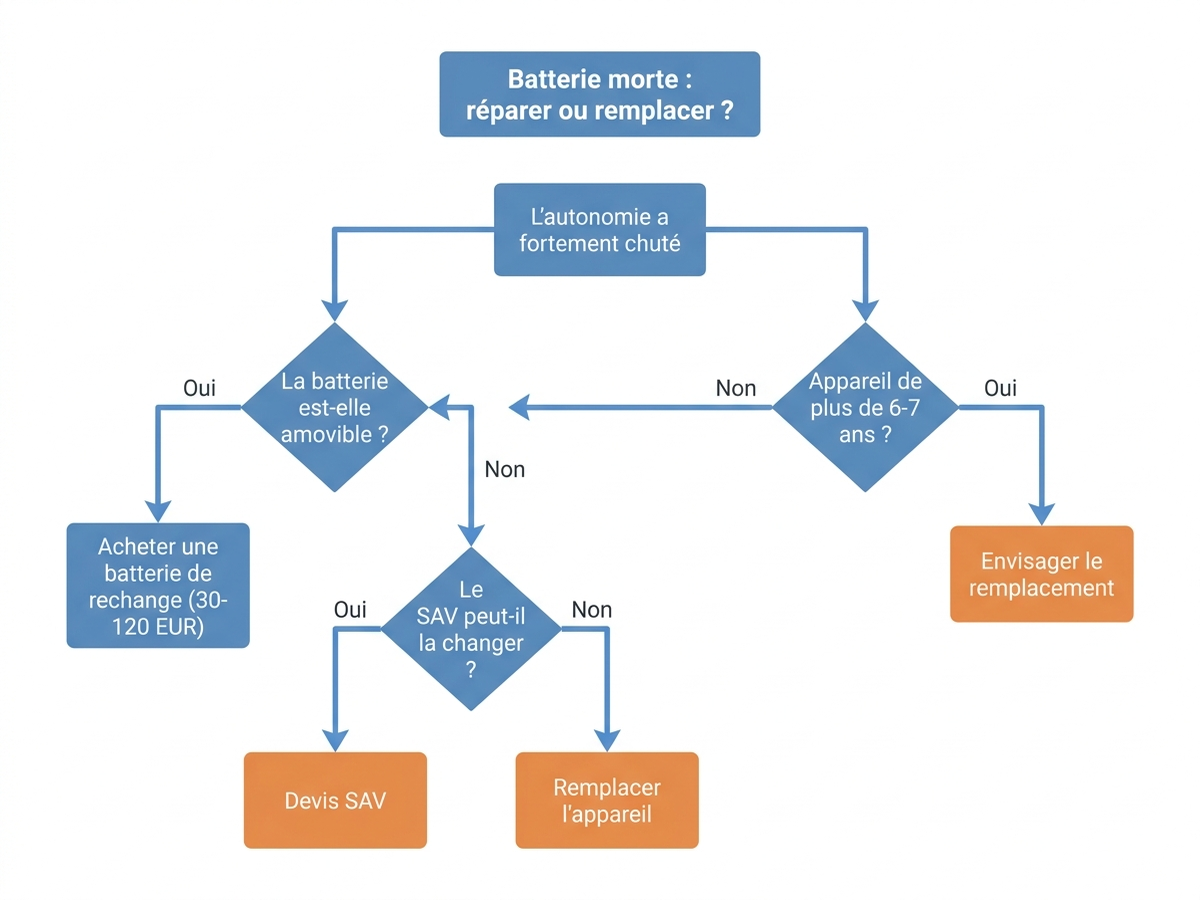 Arbre de décision : batterie morte, réparer ou remplacer ? selon que la batterie est amovible, l'âge de l'appareil et la possibilité d'un devis SAV
