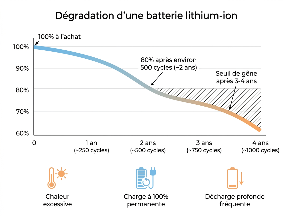 Courbe de dégradation d'une batterie lithium-ion : 100 % à l'achat, 80 % après environ 500 cycles, seuil de gêne après 3-4 ans