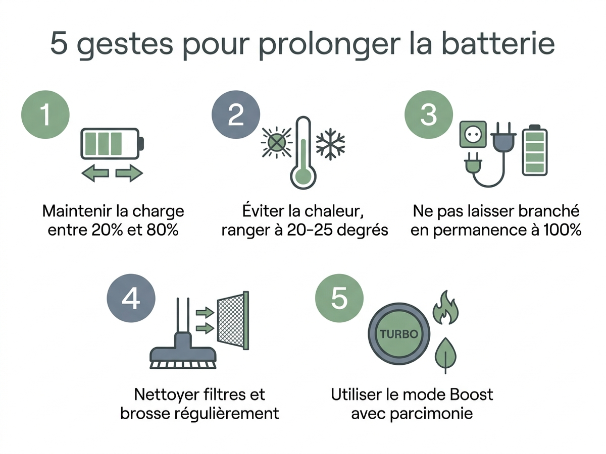 Cinq gestes pour prolonger la batterie : charge entre 20 et 80 pour cent, éviter la chaleur, ne pas laisser branché en permanence, nettoyer filtres et brosse, mode Boost avec parcimonie
