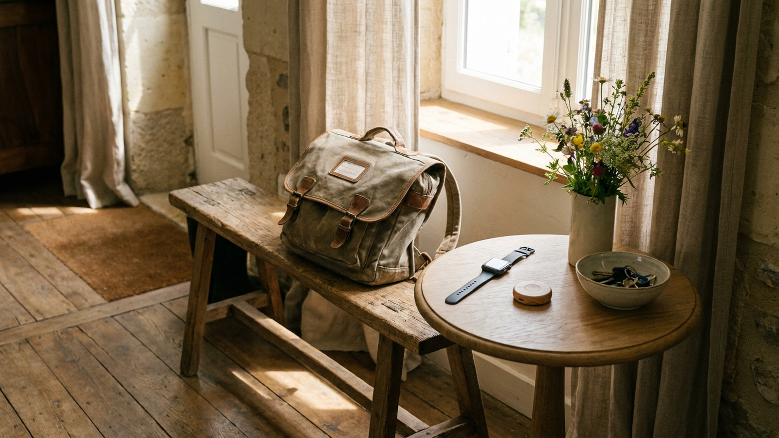 Cartable d'enfant posé sur une table d'entrée avec une montre connectée et un petit traceur Bluetooth rond visibles, ambiance neutre et lumineuse, sans texte