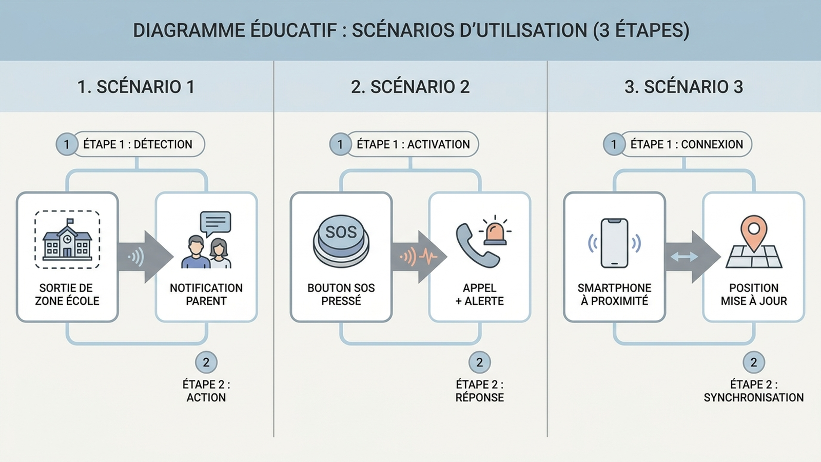 Schéma étape par étape : la montre GPS alerte en sortie de zone école, le traceur GPS envoie une alerte SOS sur pression du bouton, le traceur Bluetooth se met à jour seulement au passage d'un smartphone compatible à proximité