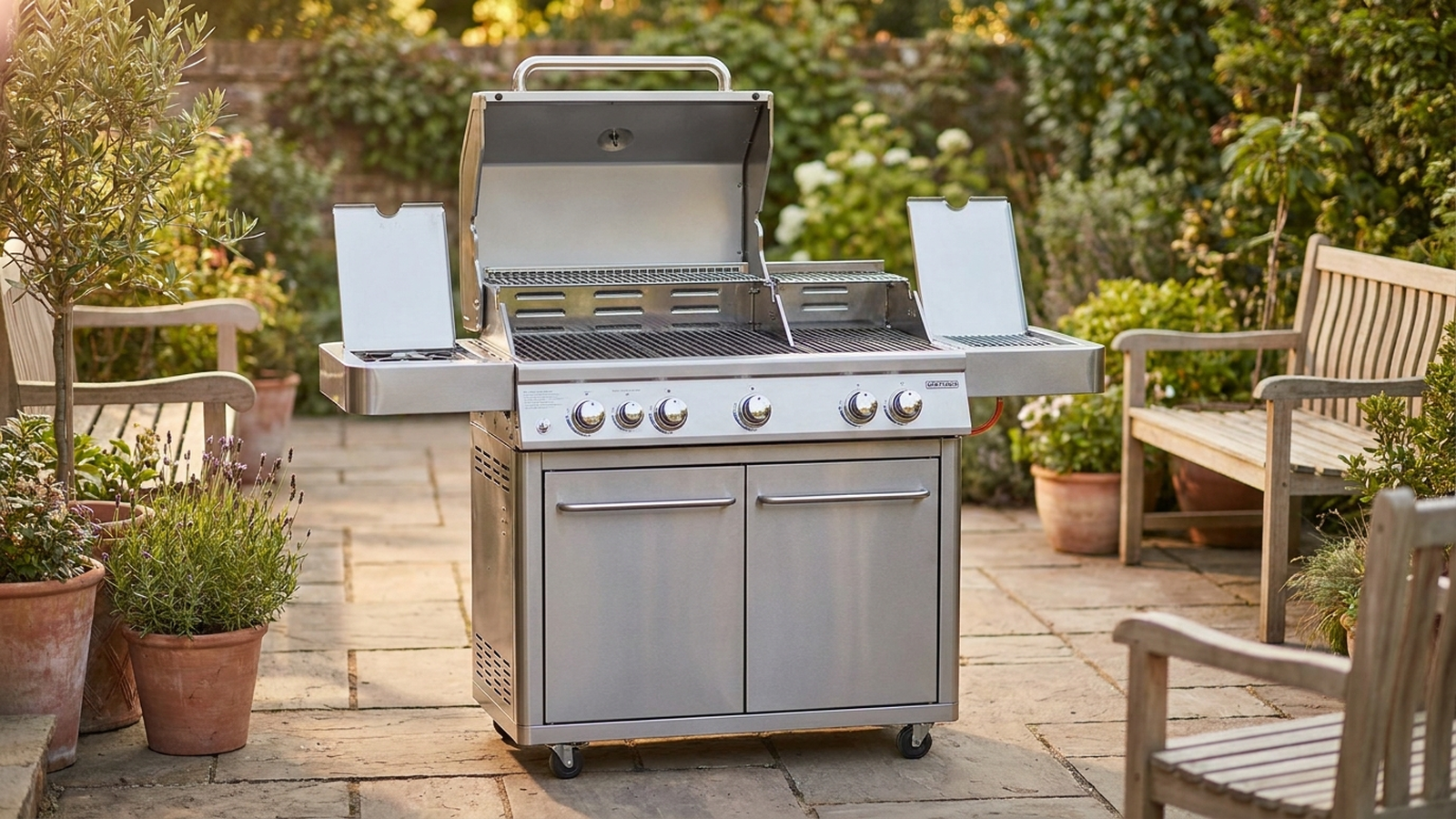 Barbecue à gaz en acier inoxydable propre sur une terrasse en fin d'été