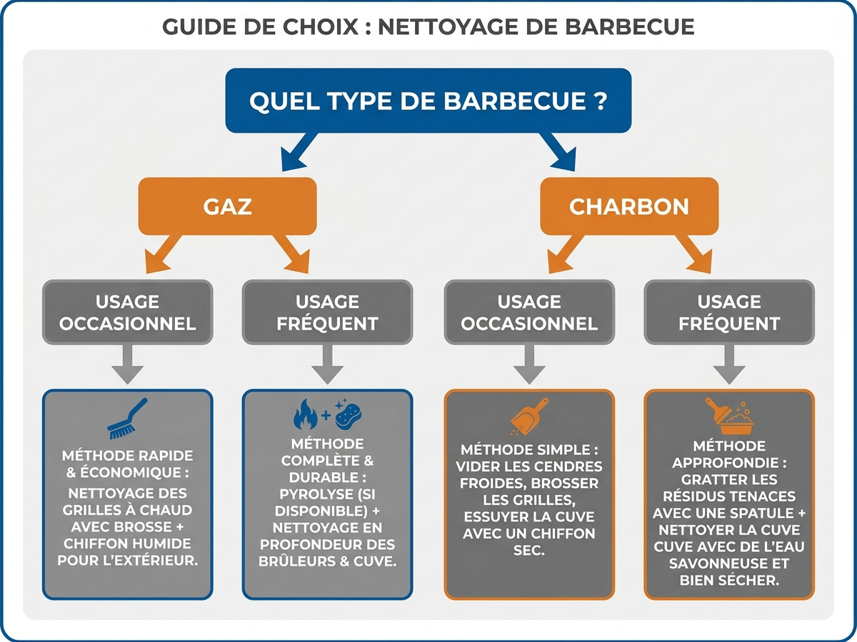 Arbre de décision pour choisir sa méthode de nettoyage de barbecue selon le type et la fréquence d'usage