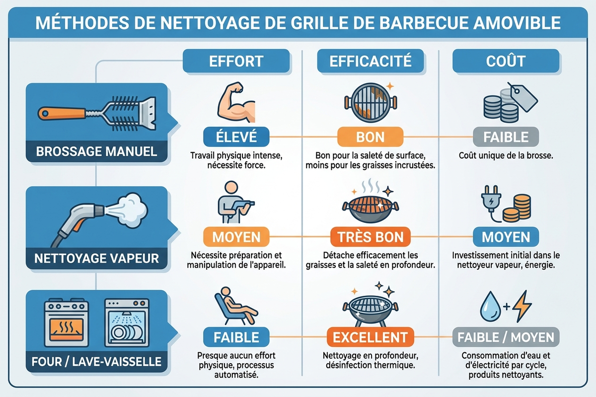 Infographie comparant trois méthodes de nettoyage de grille de barbecue amovible