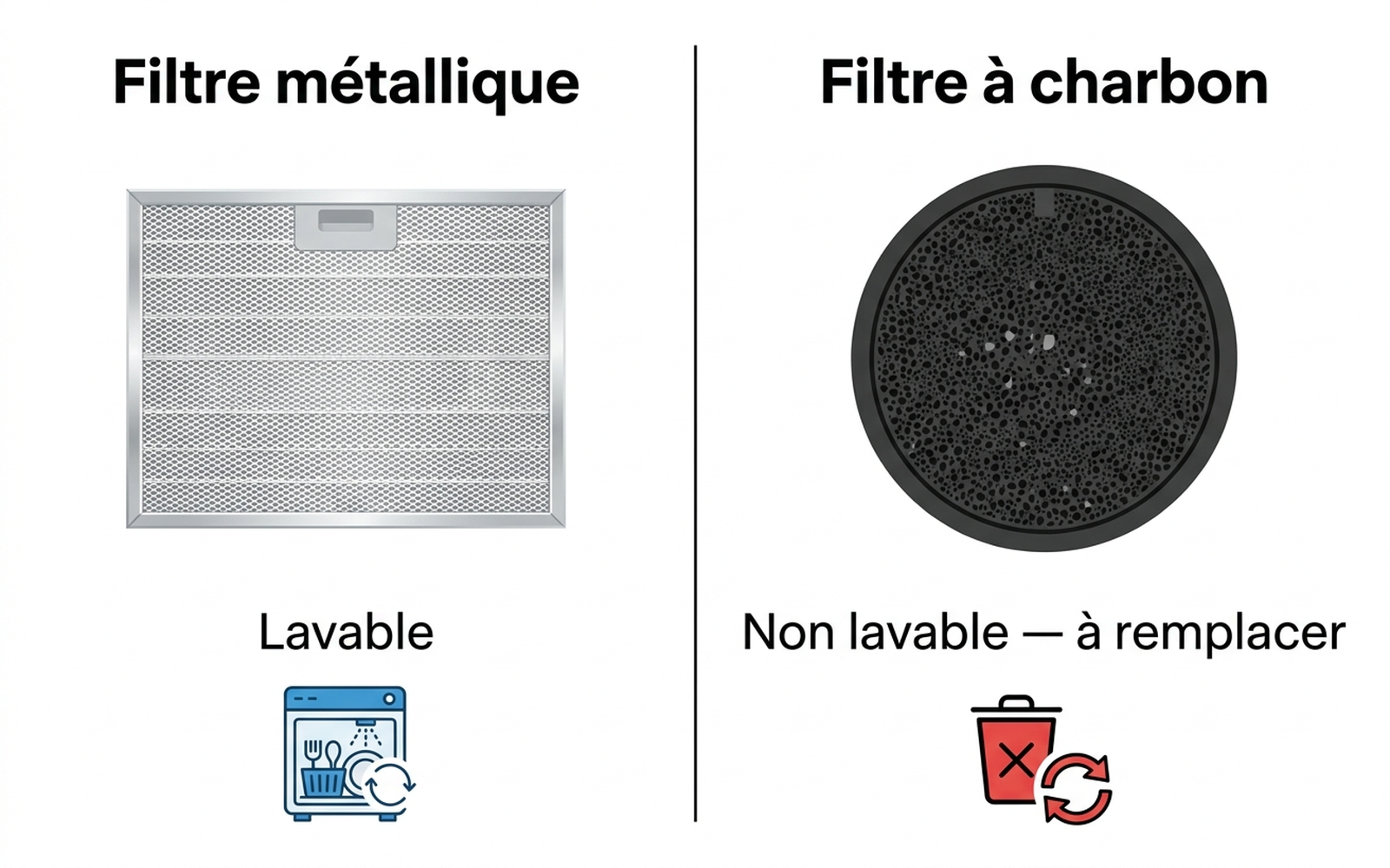 Infographie comparant filtre métallique lavable et filtre à charbon jetable