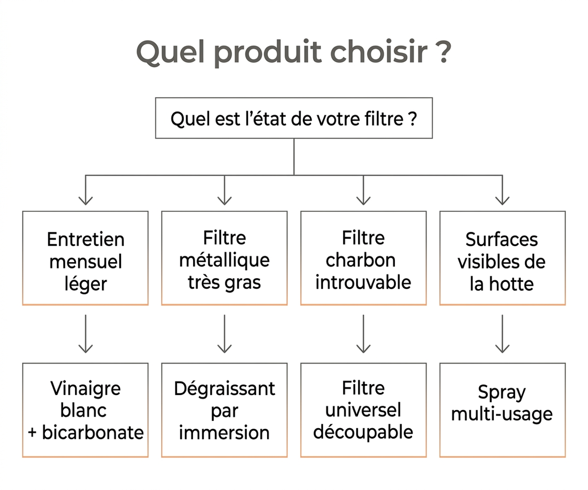 Arbre de décision pour choisir son produit de nettoyage de hotte selon le budget et le type de filtre