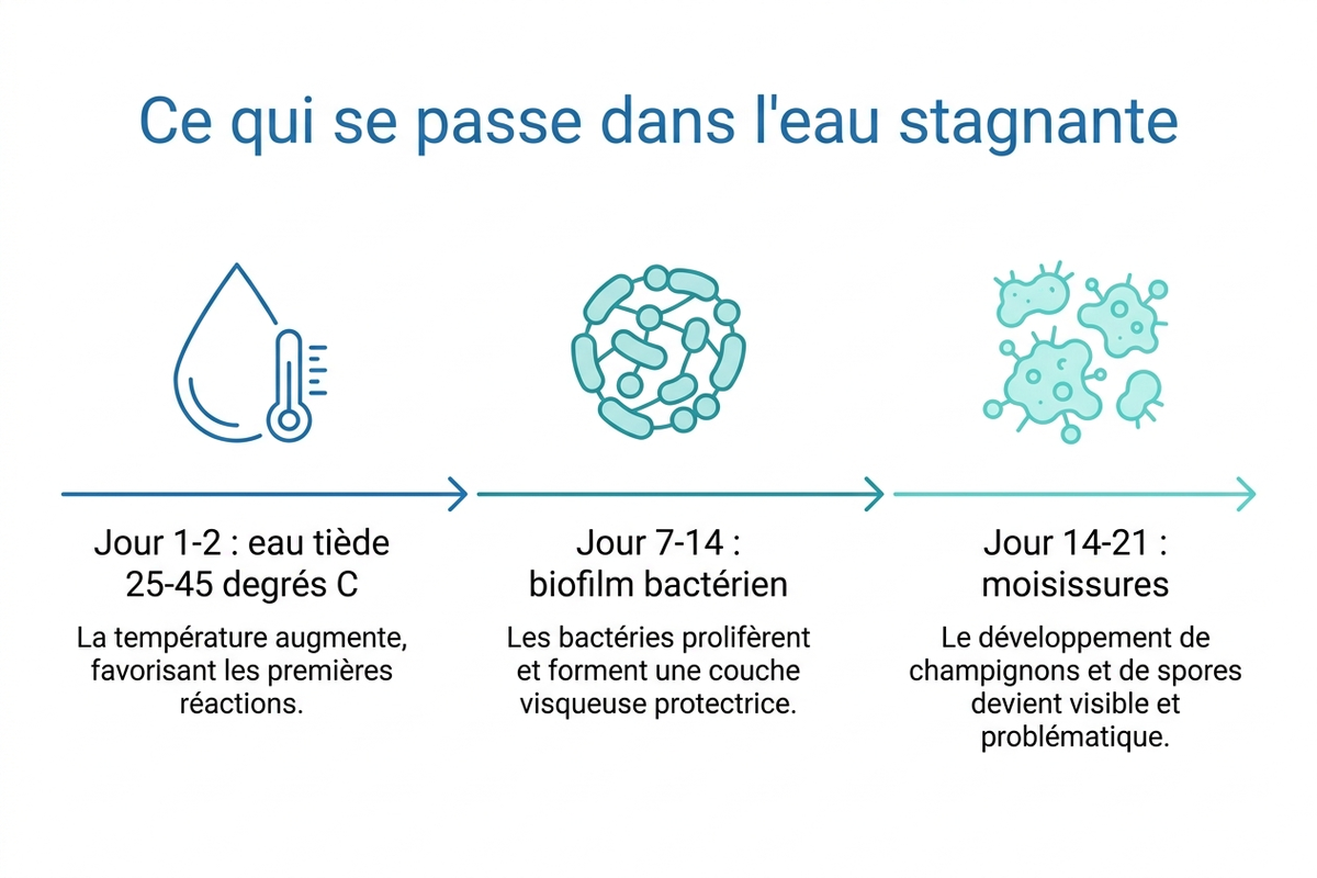 Ce qui se passe dans l'eau stagnante : chronologie biofilm et moisissure