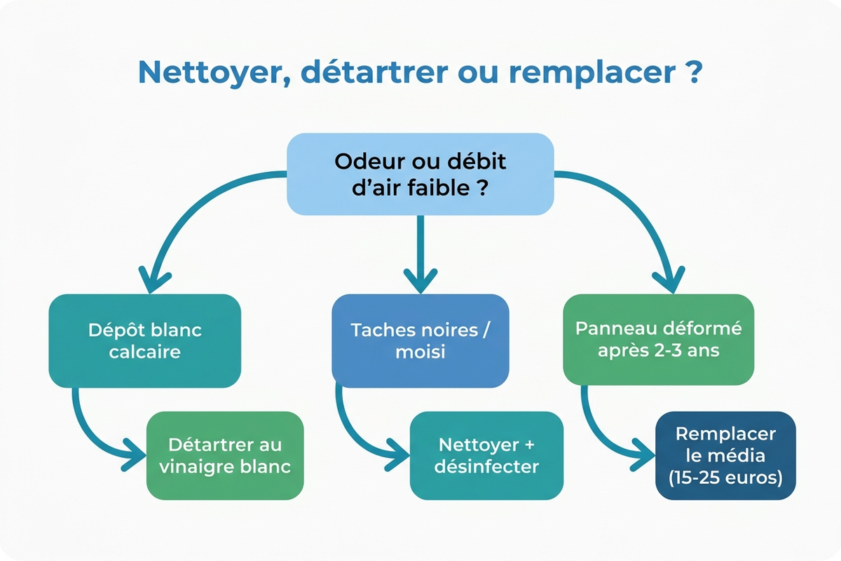 Arbre de décision : nettoyer, détartrer ou remplacer le média