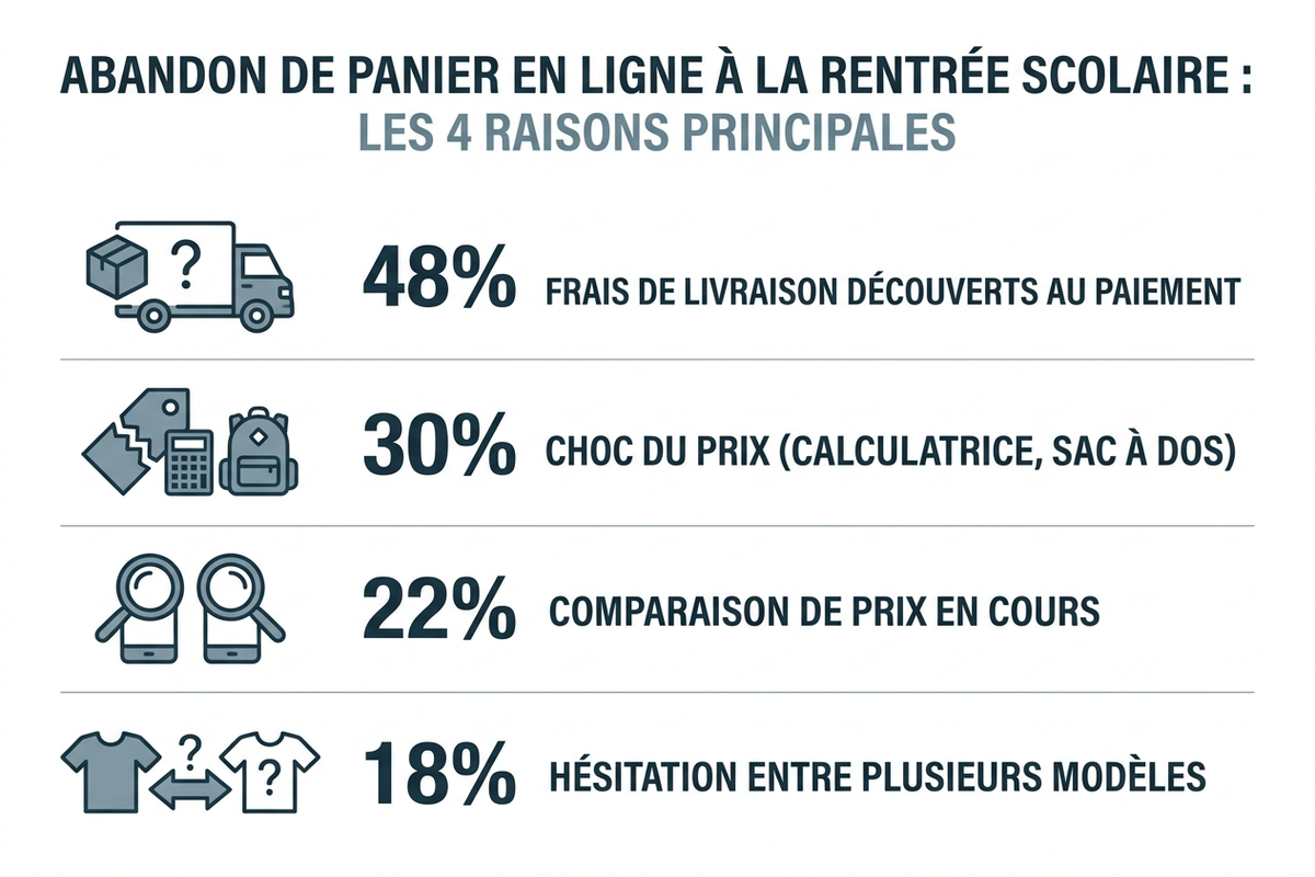 Infographie en français présentant les 4 raisons principales d'abandon de panier en ligne à la rentrée scolaire avec pourcentages : frais de livraison découverts au paiement 48%, choc du prix (calculatrice, sac à dos) 30%, comparaison de prix en cours 22%, hésitation entre plusieurs modèles 18%