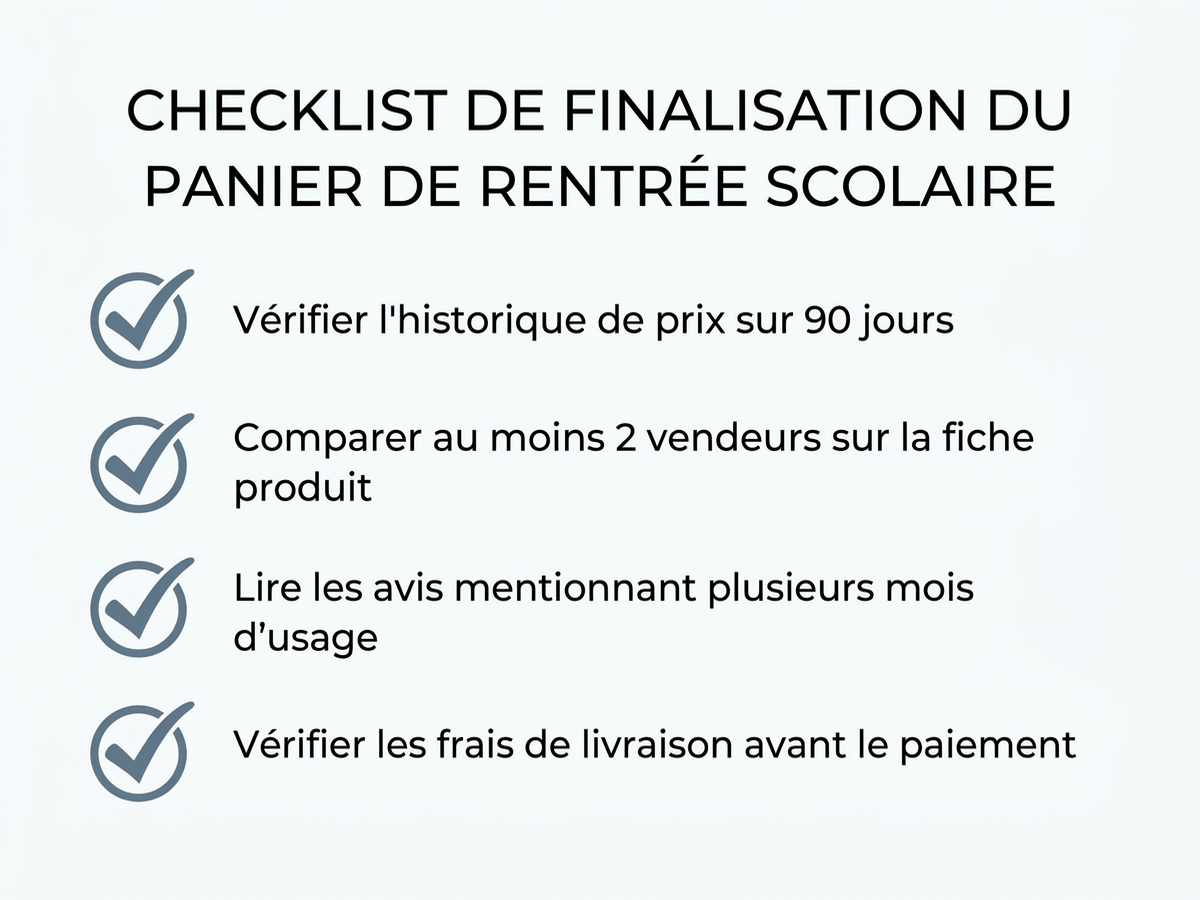 Infographie en français listant 4 points à vérifier avant de finaliser un panier de rentrée scolaire : vérifier l'historique de prix sur 90 jours, comparer au moins 2 vendeurs sur la fiche produit, lire les avis mentionnant plusieurs mois d'usage, vérifier les frais de livraison avant le paiement