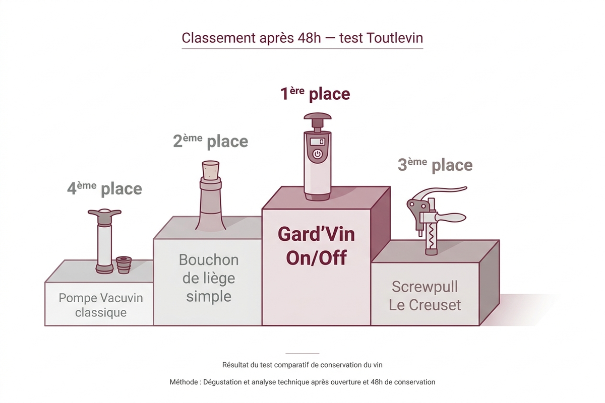 Podium illustrant le classement du test Toutlevin après 48 heures : Gard'Vin On/Off en tête, suivi du bouchon de liège simple, du Screwpull Le Creuset puis de la pompe Vacuvin classique