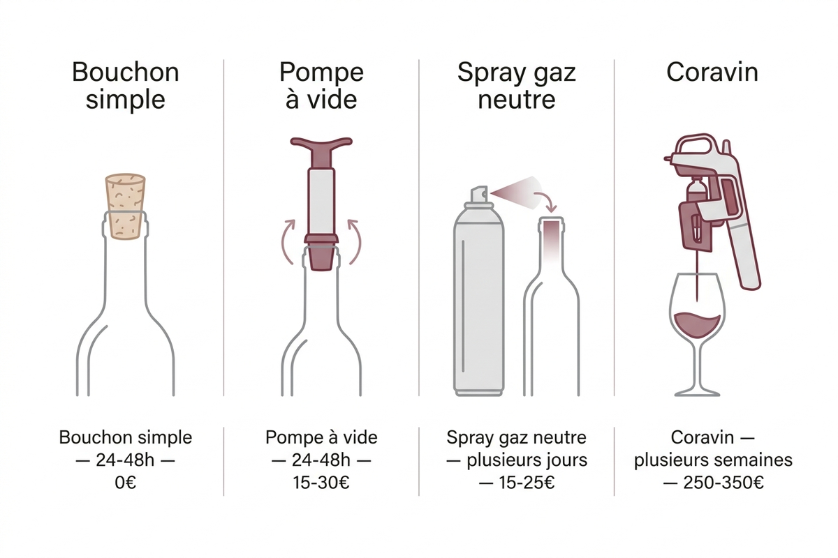 Infographie comparant quatre méthodes de conservation du vin : pompe à vide, bouchon simple, spray de gaz neutre et système Coravin, avec durée de conservation et prix indicatifs